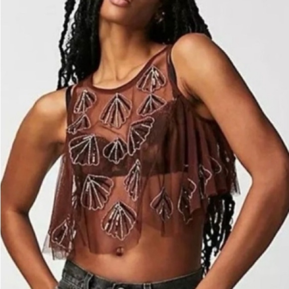 Free People Brown Embroidered Tank Top